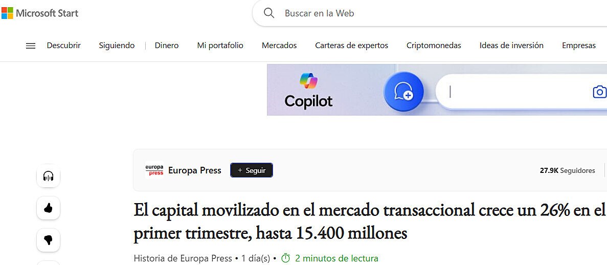 El capital movilizado en el mercado transaccional crece un 26% en el primer trimestre, hasta 15.400 millones